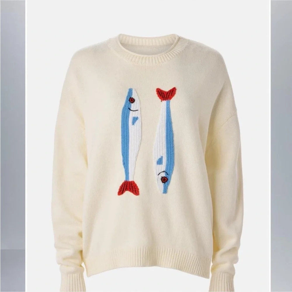 STAUD Giada Cream Sweater with Fish Design XL - Picture 3 of 3